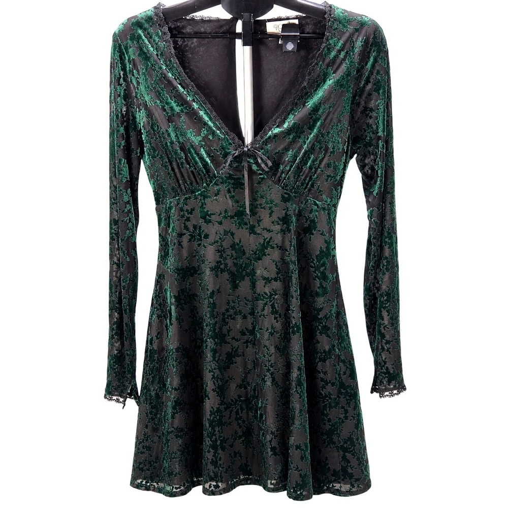 Women's Rowa Large Green Floral Velvet Burnout Lace Mini Dress Whimsigoth Fairy
